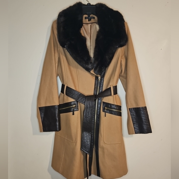 Y2K Vintage Via Spiga Camel Wool Leather Coat Faux Fur Collar Belted Women’s S12 - Picture 2 of 13